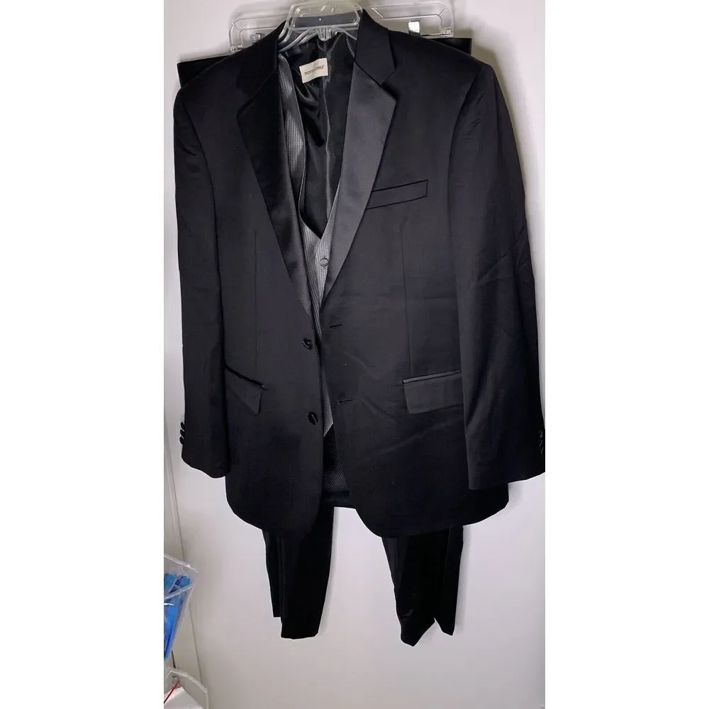 Pronto Uomo Men's 3‎ Piece Tuxedo 100% Wool Sz 43L Black with Vest Blk/Silver Gr